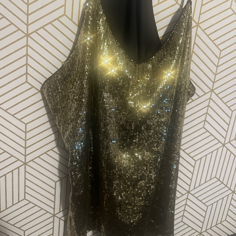 Grace Karin Black and Gold Sequin Cowl Neck Sleeveless Top Size XL